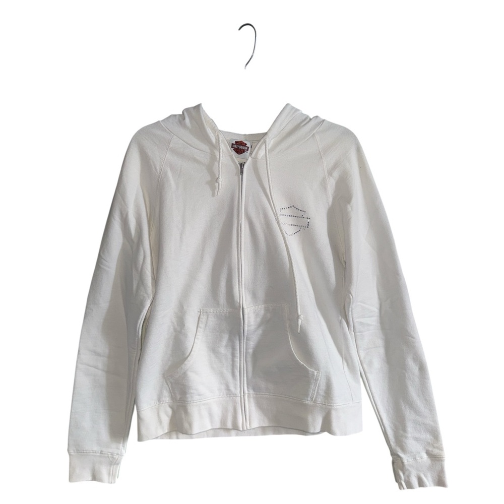 Vintage Harley-Davidson Rhinestone Wing White Zip-Up Hoodie Sweatshirt Medium